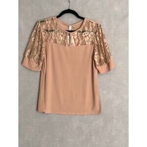 NY Collection Lace Top Puff Sleeve in Doeskin Women's Petite Large NEW